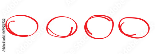 red pen hand drawn doodle marks, red circle and oval stroke set. Outline red drawing line clipart symbol