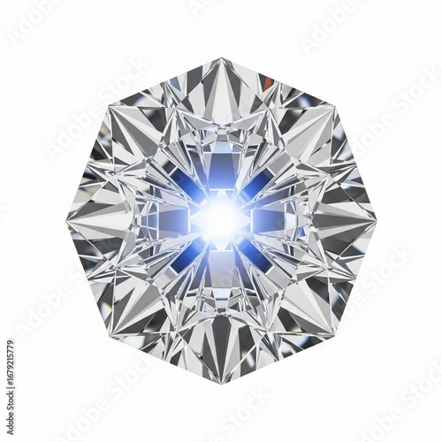 A flawless, lab-grown diamond, cut in a complex, futuristic pattern, isolated on a stark white background, no shadows, 4k.