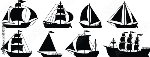 Silhouette collection of vintage sailing ships, nautical vessels, tall ships, marine transport, historical boats, maritime adventure, ocean travel, black vector illustration set