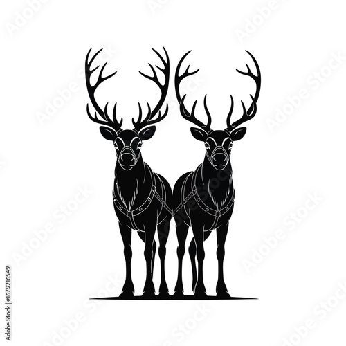 Two Reindeer Silhouette Illustration with Harnesses, Antlers, and Detailed Features Design