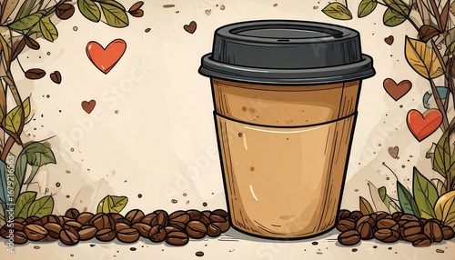 Coffee cup, beans, hearts, leaves