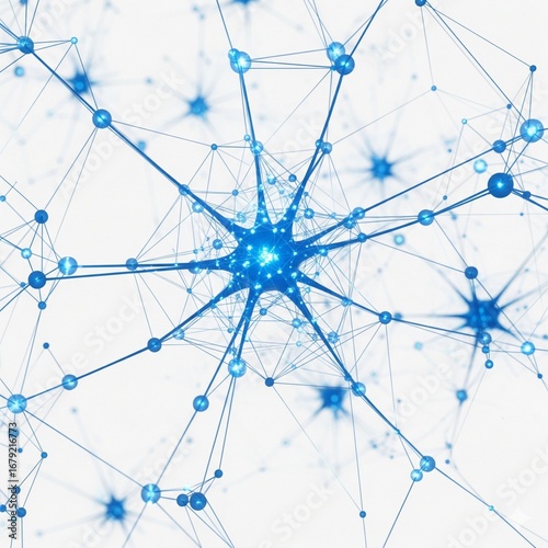A stylized, glowing blue neural network, a web of interconnected nodes, suspended in a pure white void, shadowless, 4k.