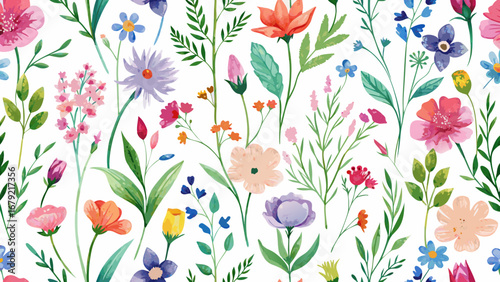 Vector art of watercolor floral seamless pattern featuring colorful flowers, leaves, and botanical elements for a spring or summer design