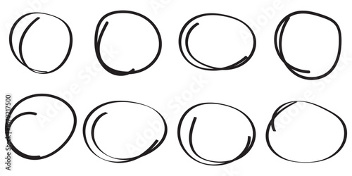 red pen hand drawn doodle marks, red circle and oval stroke set. Outline red drawing line clipart symbol