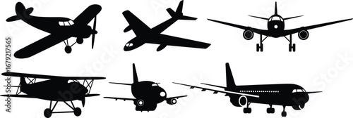 Silhouette aircraft collection, vintage biplane, modern jet airliner, military fighter plane, aviation evolution, airplane icons, black vector set, cad drawing flat vector illustration