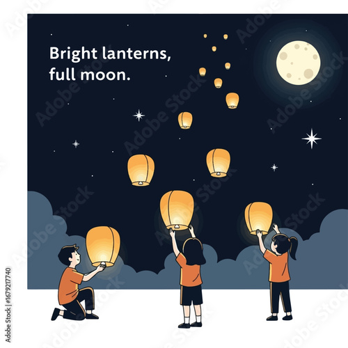 Children releasing bright lanterns at night under a full moon.