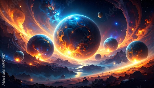 Vibrant, otherworldly planets orbit majestic, fiery mountains in a stunning cosmos scene.