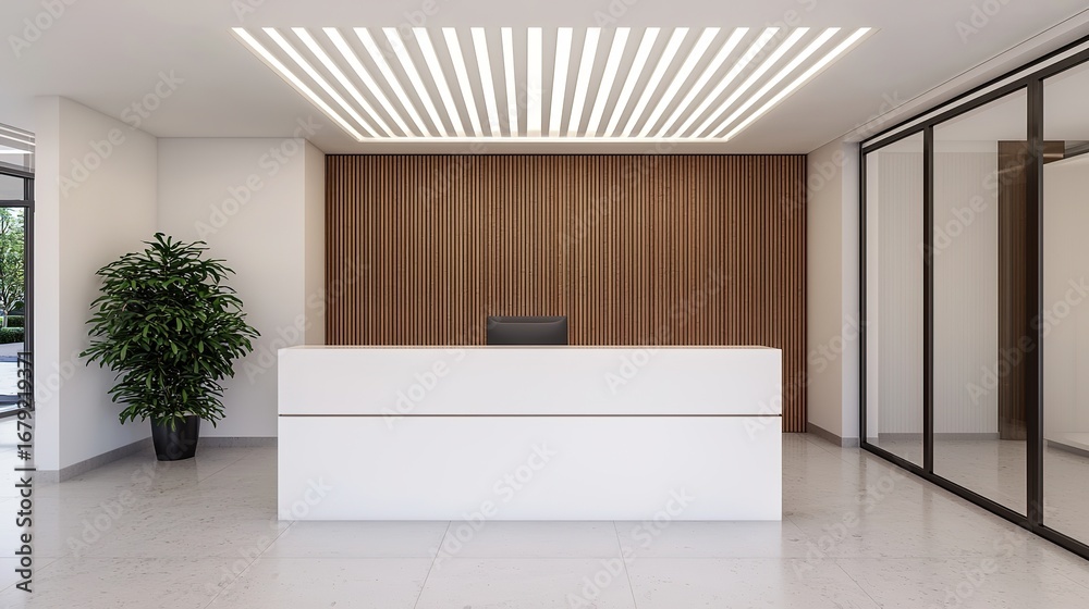 Fototapeta premium A modern reception area featuring a sleek white desk, wooden accent wall, and a decorative plant, exuding a minimalist and professional atmosphere.
