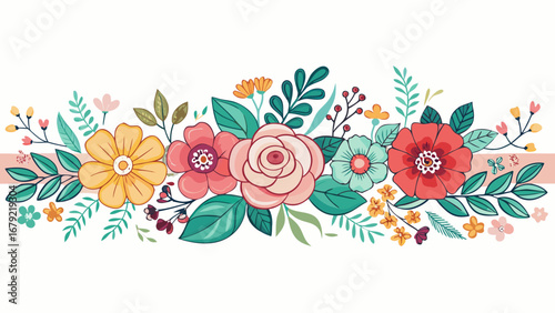 Vector art of a beautiful floral border featuring a variety of colorful flowers and lush green leaves, perfect for adding a touch of nature