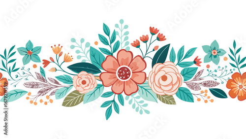 Vector art of floral border with colorful flowers and leaves, a beautiful and versatile design element for various creative projects