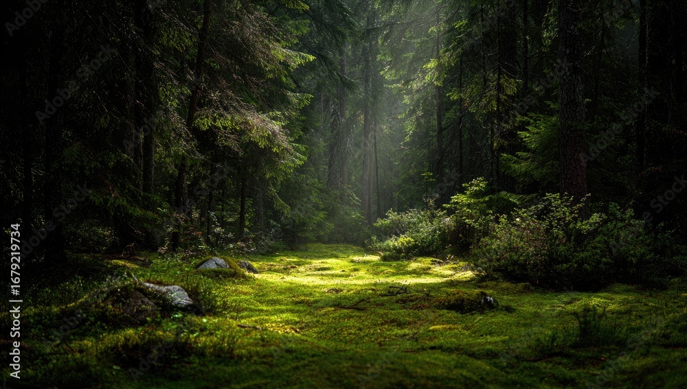 Fototapeta premium Sunlight streams through a dense forest