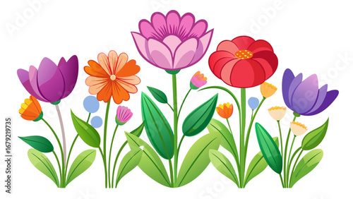 Vector art of a colorful floral arrangement with vibrant blossoms, leaves, and decorative elements for a fresh and artistic design