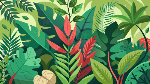 Vector art of lush jungle foliage featuring a vibrant mix of tropical leaves, perfect for creating a natural and exotic background or adding a touch of wilderness