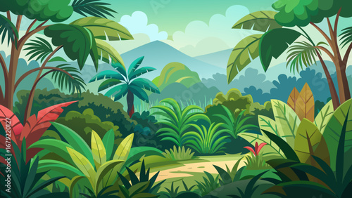 Vector art of lush jungle landscape with vibrant greenery, towering trees, and distant mountains, creating a sense of adventure and tropical paradise