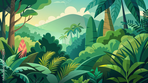 Vector art of lush jungle landscape with vibrant green foliage, towering trees, and distant mountains, creating a serene and inviting tropical paradise