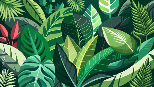 Vector art of lush green tropical leaves pattern, a vibrant botanical design for wallpaper, fabric, and decorative backgrounds, evoking a sense of nature