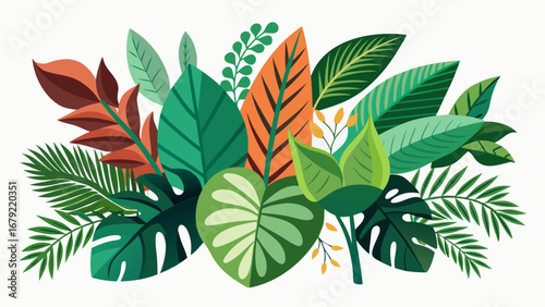 Vector art of colorful tropical leaf arrangement, showcasing vibrant foliage and exotic plant life in a botanical vector illustration
