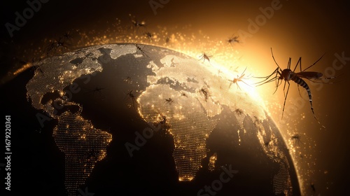 Stock photo of globe with mosquito silhouettes, symbolizing chikungunya virus spread from tropics to Europe. Conceptual scientific visual linking climate change and global health