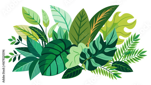 Vector art of a lush collection of tropical leaves, , showcasing a variety of green hues and textures in a botanical arrangement