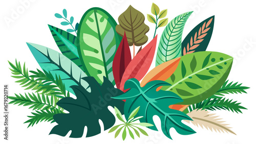 Vector art of a vibrant tropical leaves arrangement, showcasing a variety of exotic foliage, perfect for adding a touch of nature to any design