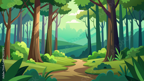 Vector art of a serene forest landscape featuring a winding path through lush greenery, perfect for evoking a sense of tranquility and natural beauty