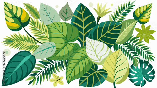 Vector art of a vibrant assortment of tropical leaves and flowers, perfect for adding a touch of nature to any design