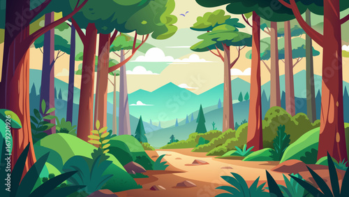 Vector art of lush green forest landscape with a winding path, trees, and mountains in the background, creating a serene and inviting natural scene