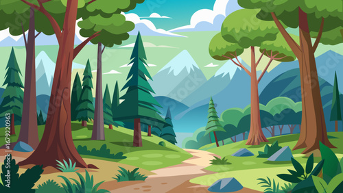 Vector art of vibrant forest landscape featuring a winding path, lush trees, and majestic mountains in the distance, creating a picturesque and inviting natural scene