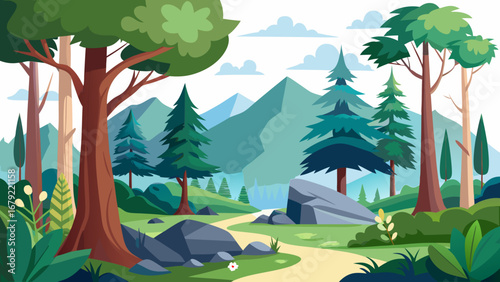 Vector art of idyllic forest landscape featuring towering trees, majestic mountains, and a winding path, creating a serene and inviting scene for nature enthusiasts and adventurers