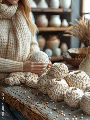 Cozy crafting scene with yarn and pottery