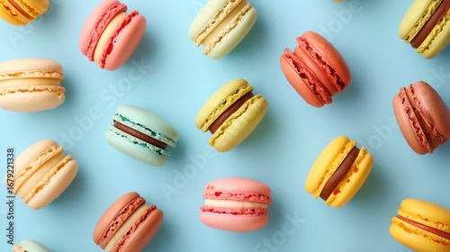 Colorful macarons on blue background