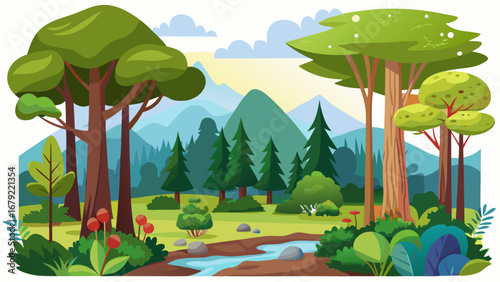Vector art of a serene cartoon landscape featuring a gentle stream flowing through a lush forest with mountains in the backdrop, creating a peaceful and idyllic scene