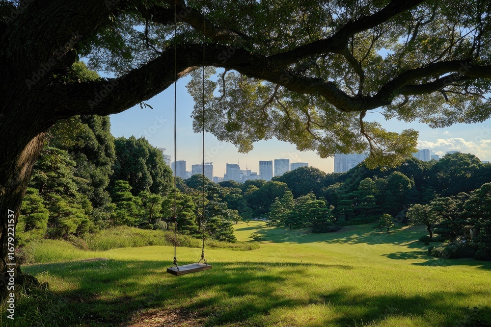 Obraz premium Tranquil park swing under a large tree