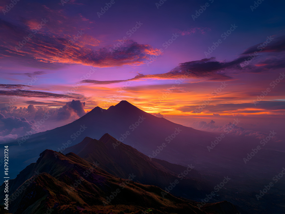 Fototapeta premium Dramatic Mountain Peaks with Vibrant Sunset Sky Landscape