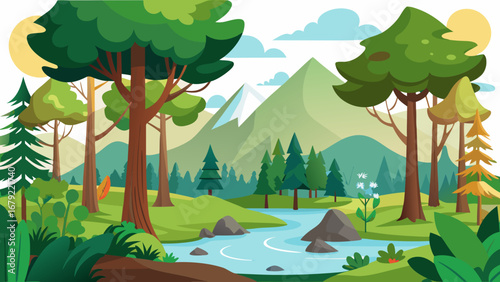 Vector art of vibrant forest landscape with flowing river, majestic mountains, and lush greenery, perfect for outdoor adventures and tranquil nature escapes