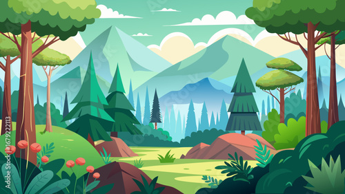 Vector art of peaceful forest landscape with majestic mountains, lush trees, and vibrant greenery, creating a serene outdoor scene for relaxation and nature appreciation in a tranquil setting