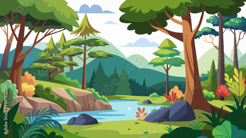 Vector art of vibrant forest landscape featuring a flowing river, lush greenery, and distant mountains, perfect for nature lovers and outdoor adventure enthusiasts