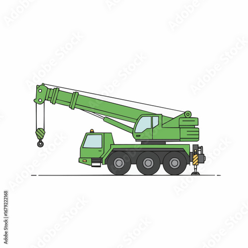 Green Mobile Crane with Extended Boom and Hook, Ready for Lifting