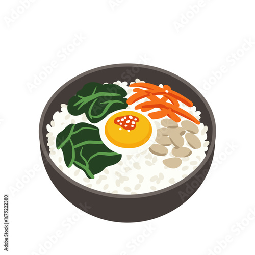 Colorful Korean Bibimbap Bowl with Egg, Vegetables, and Rice.