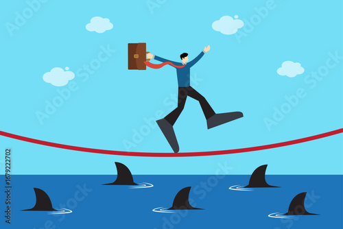Businessman walking on tightrope above sharks, concept of risk management, business challenge, financial danger, survival strategy, and high-risk decision making illustration