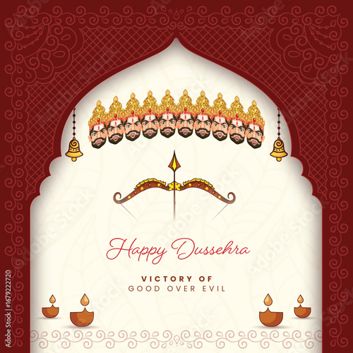 A traditional vector design for the Dussehra festival. Features the mythological demon king Ravana and a bow, celebrating the victory of good over evil.