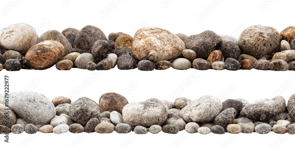 Two rows of various sized rocks, a mix of light and dark tones