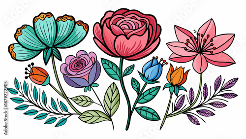 Colorful floral arrangement with roses, blossoms, and leaves