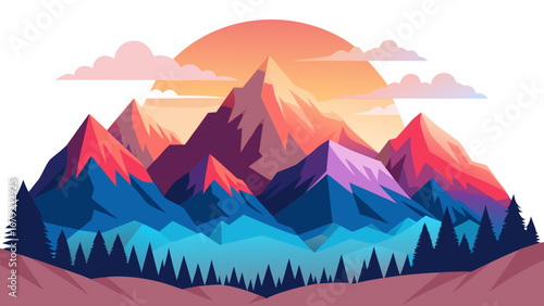 Colorful mountain landscape with a bright sun