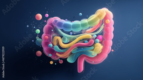 Colorful illustration depicts the human intestines filled with swirling shapes and vibrant spheres, symbolizing digestion and gut health.