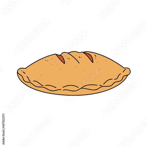 Hand-drawn golden empanada with visible filling and decorative crimped edges