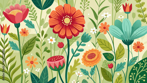 Vibrant floral pattern with colorful flowers and leaves in a whimsical style