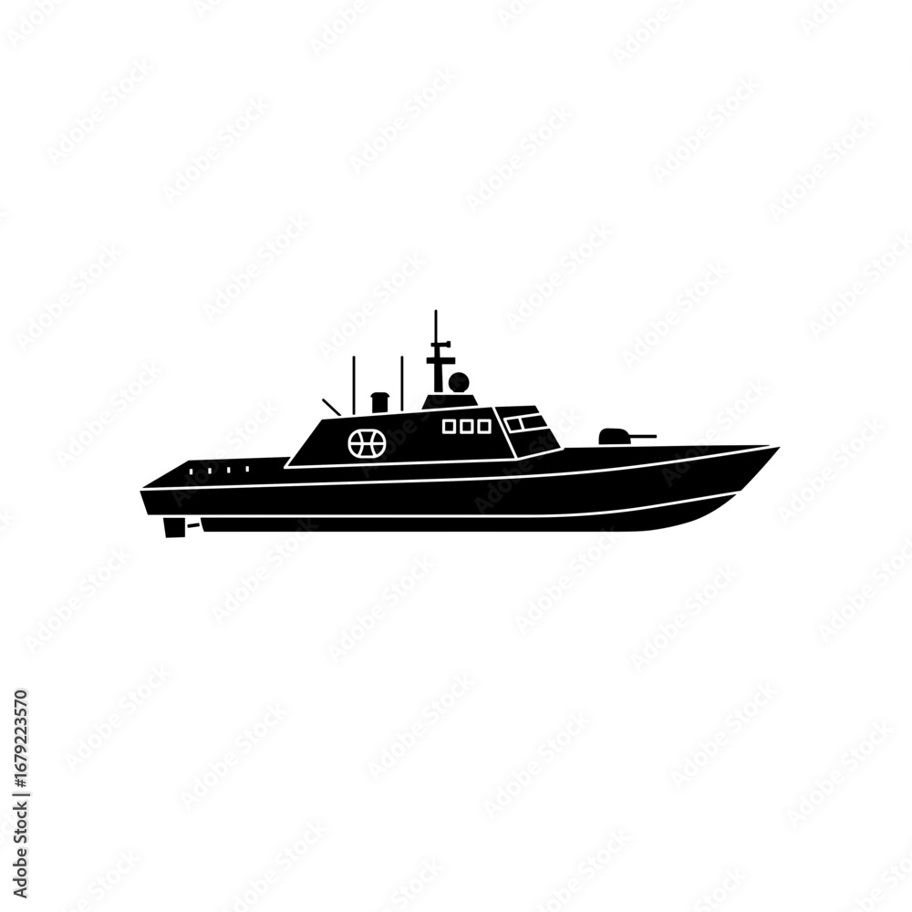 Obraz premium Sleek Black Silhouette of a Military Patrol Boat