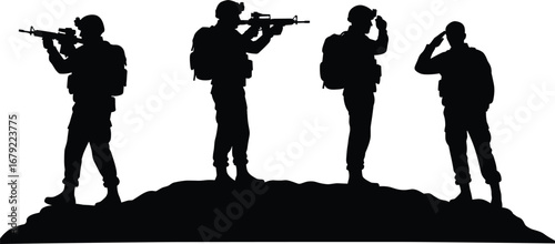 Group of Soldiers Silhouettes Saluting and Aiming on Hill, Military Team, Combat Operation, Army Unity, War Zone Vector Illustration