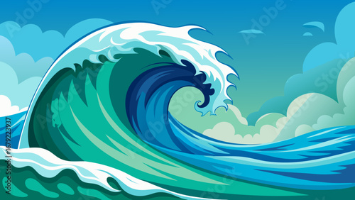 A dynamic illustration of a large ocean wave with a foamy crest and blue sky